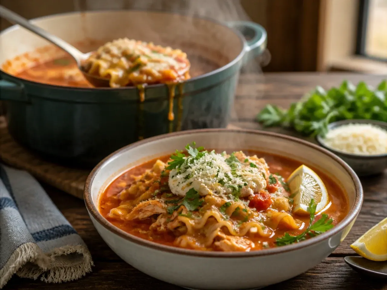 Loaded chicken lasagna soup topped with golden broiled cheese, crispy pancetta, and garlic croutons.