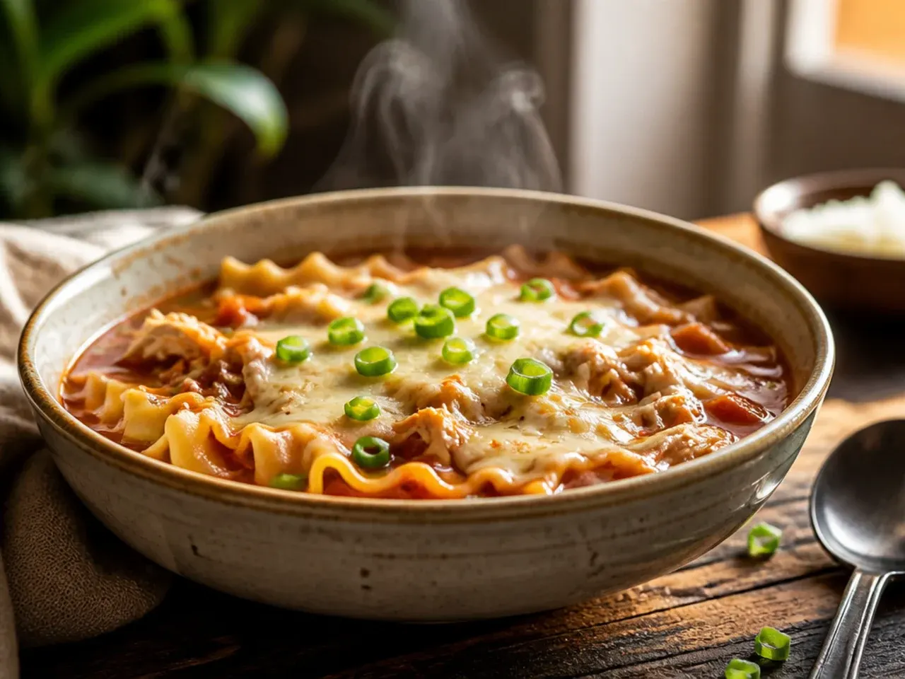 A giant stockpot of family-size chicken lasagna soup ready to serve a crowd.