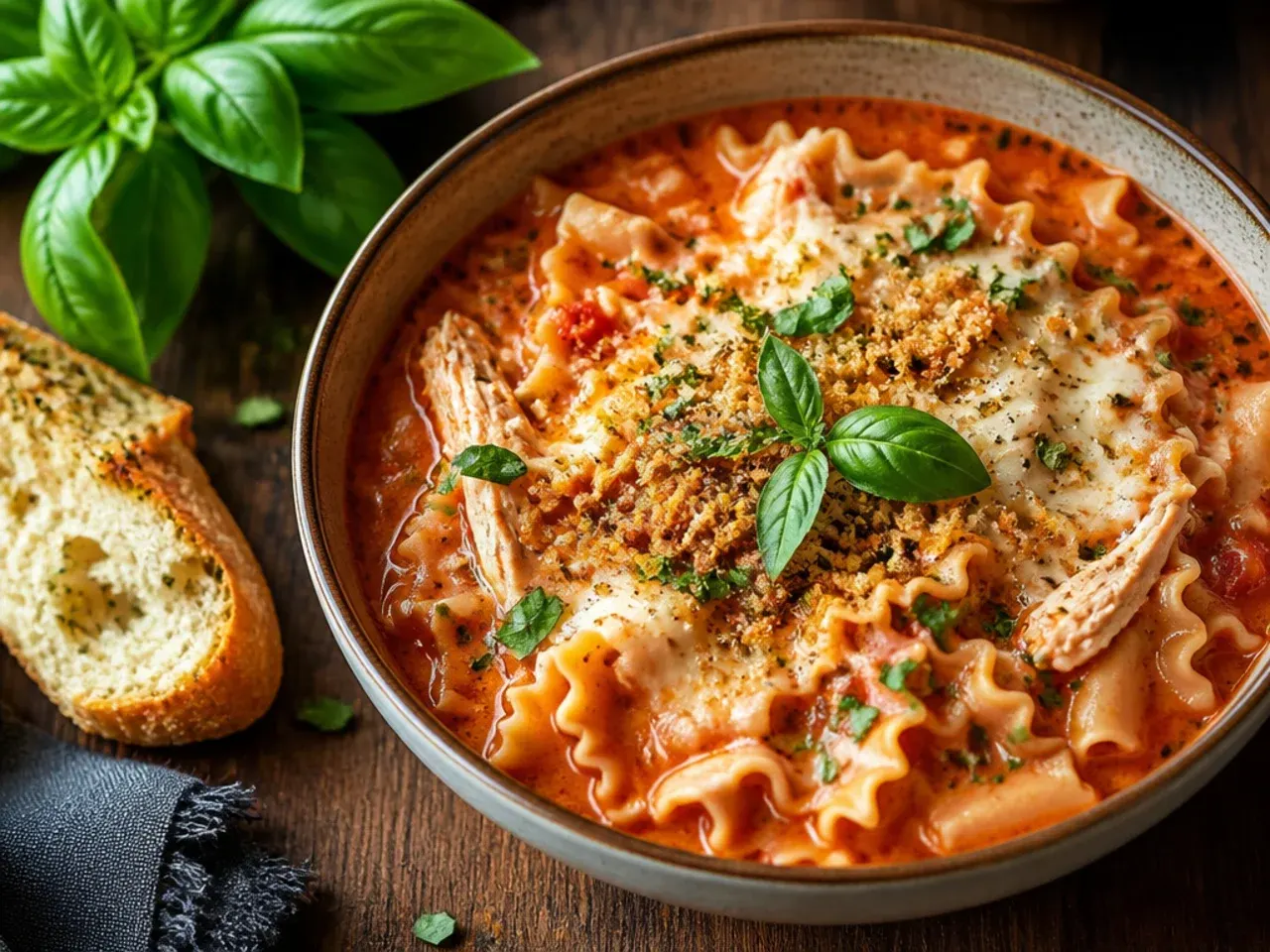 The best-ever chicken lasagna soup with a rosy cream-tomato broth and three melted cheeses.
