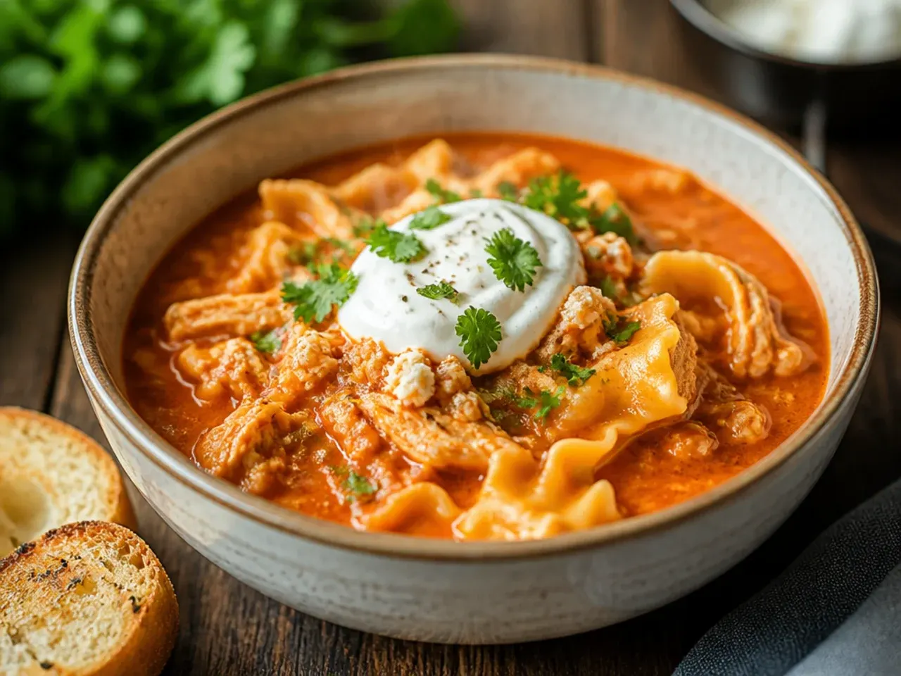 An electric pressure cooker open to reveal finished chicken lasagna soup inside.
