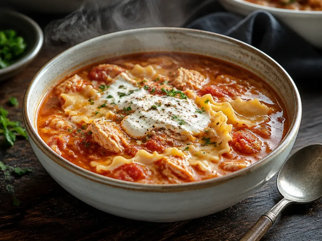 A slow cooker filled with shredded chicken and tomato broth for lasagna soup.