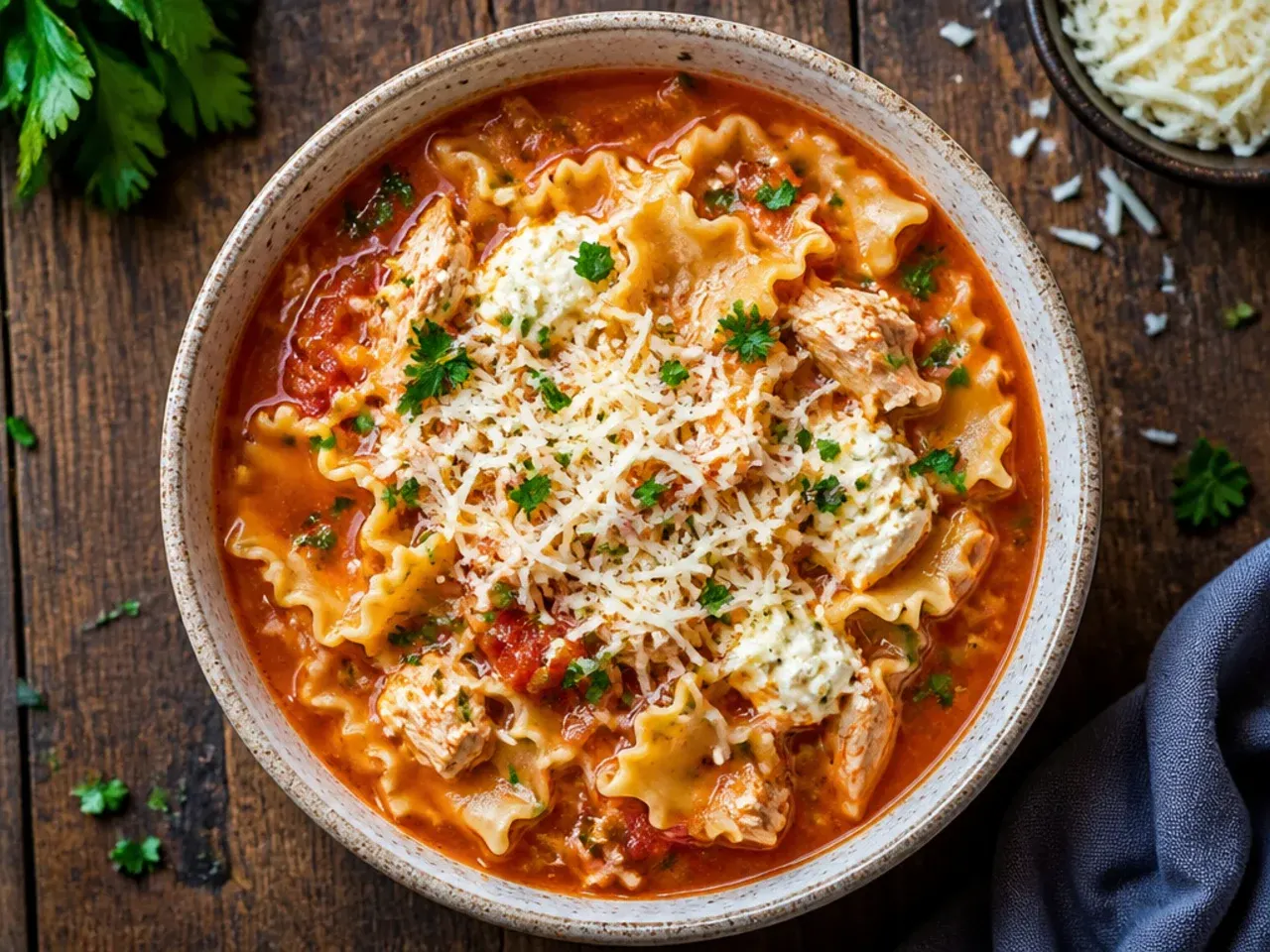A wide skillet of quick chicken lasagna soup with small broken pasta shapes.