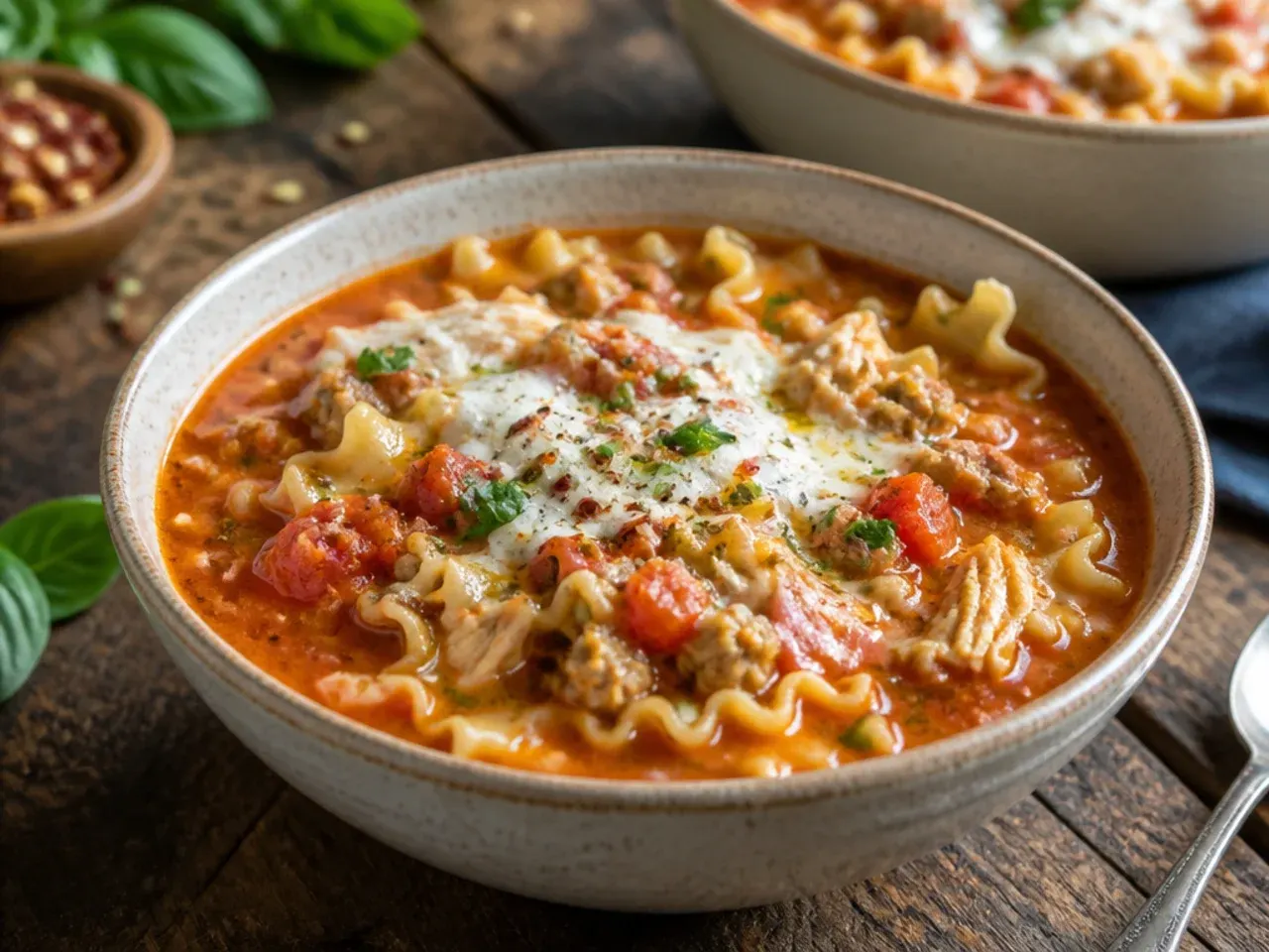 Chicken and Italian sausage lasagna soup with crumbled sausage visible in the broth.