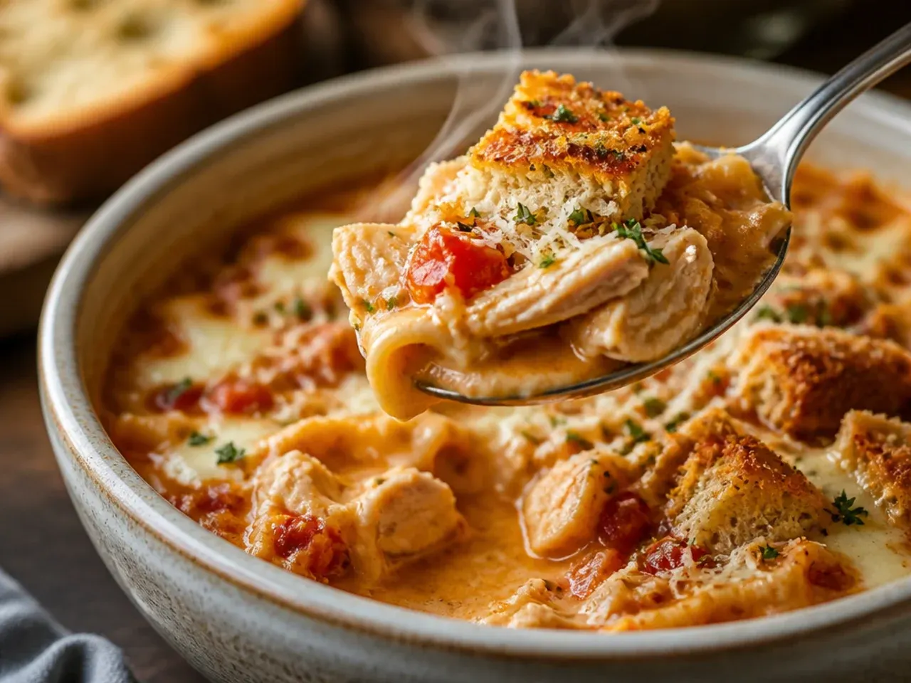 Chicken lasagna soup topped with golden, crunchy garlic bread croutons.