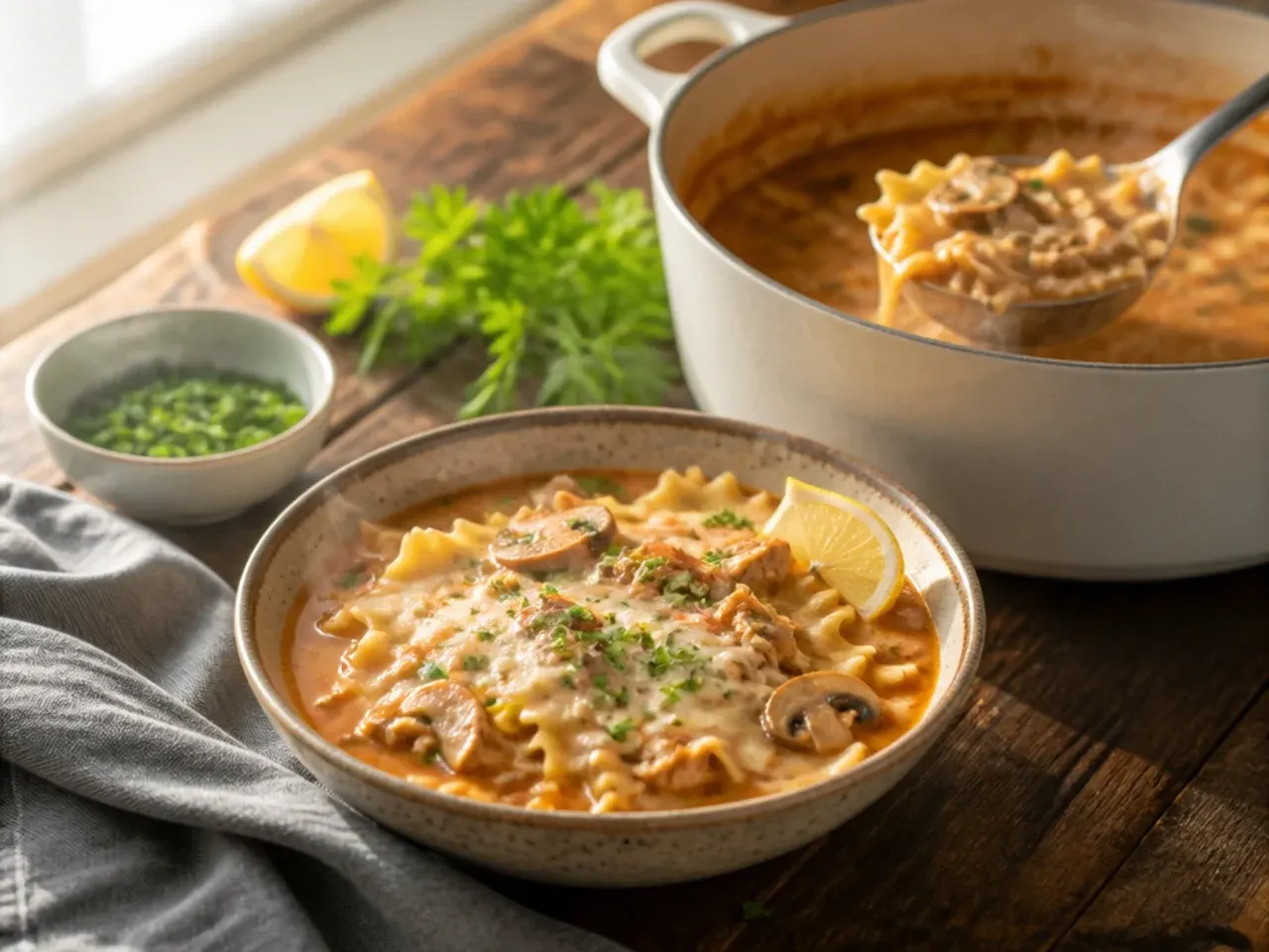 Creamy chicken and mushroom lasagna soup with golden sautéed mushroom slices on top.