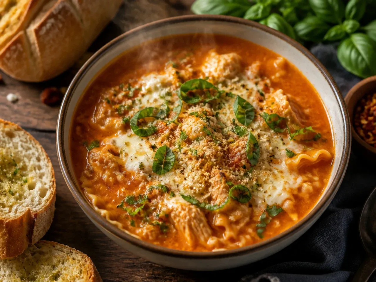 A large baking dish of chicken lasagna soup topped with a golden, oven-baked breadcrumb and cheese crust.