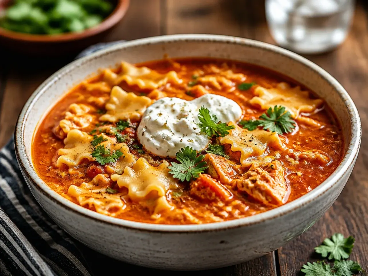 A fiery red bowl of spicy chicken lasagna soup topped with jalapeño slices and a ricotta swirl.