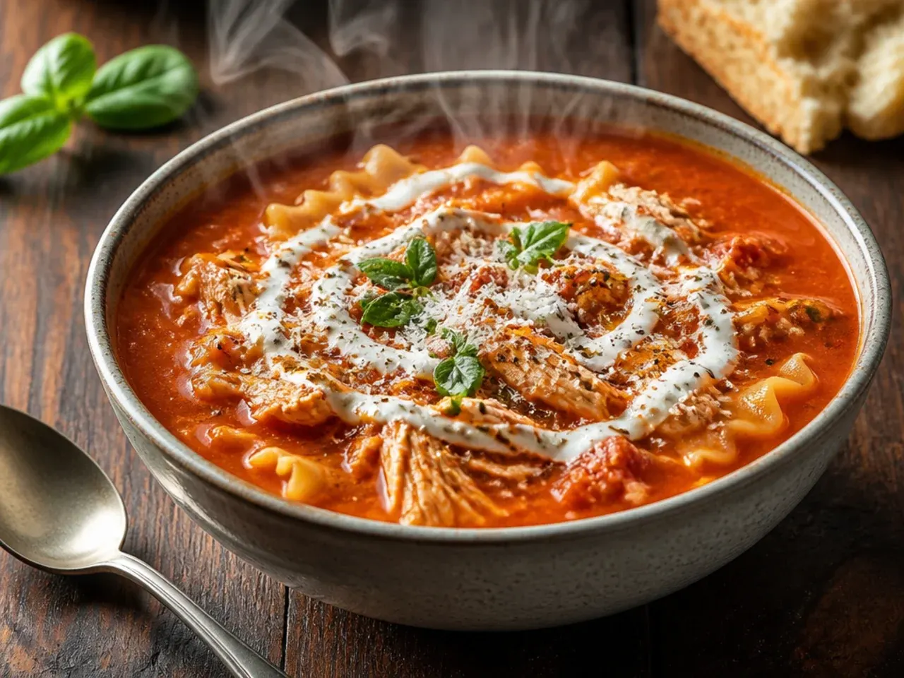 A simple bowl of pantry-staple chicken lasagna soup with everyday ingredients laid out beside it.