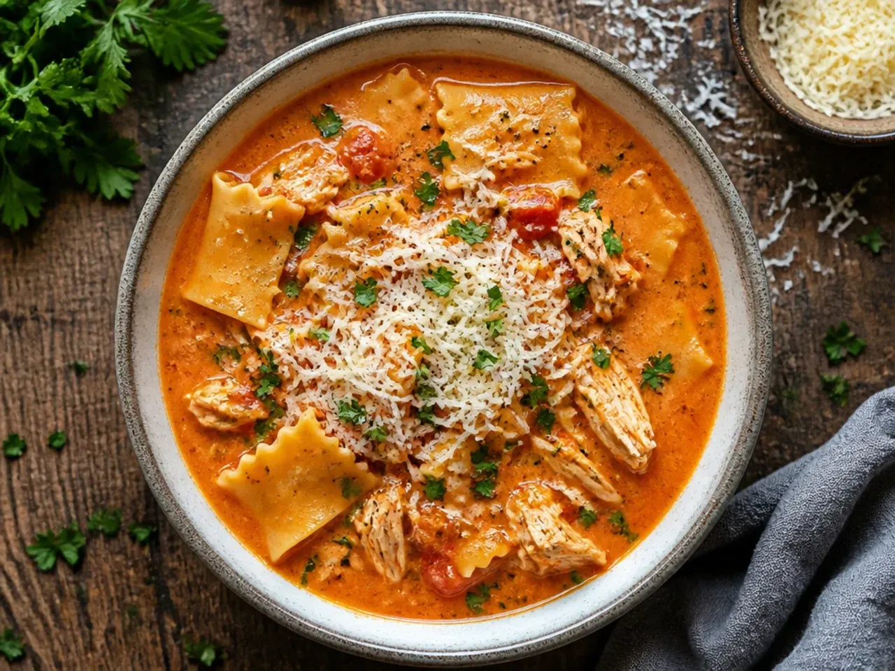 A bowl of gluten-free chicken lasagna soup made with rice-based pasta pieces.
