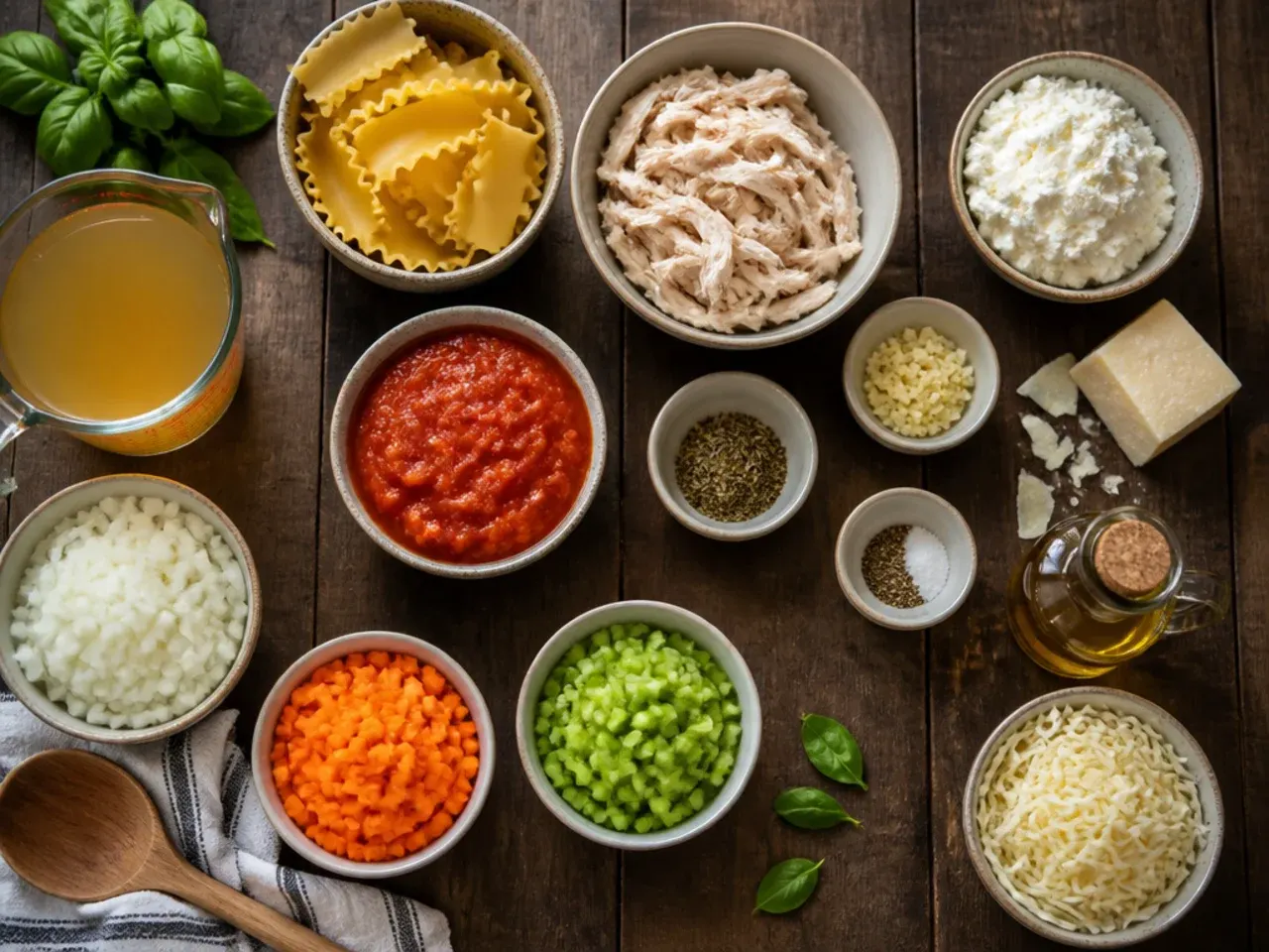 Close-up of hands breaking dry lasagna noodles into pieces over a simmering pot.