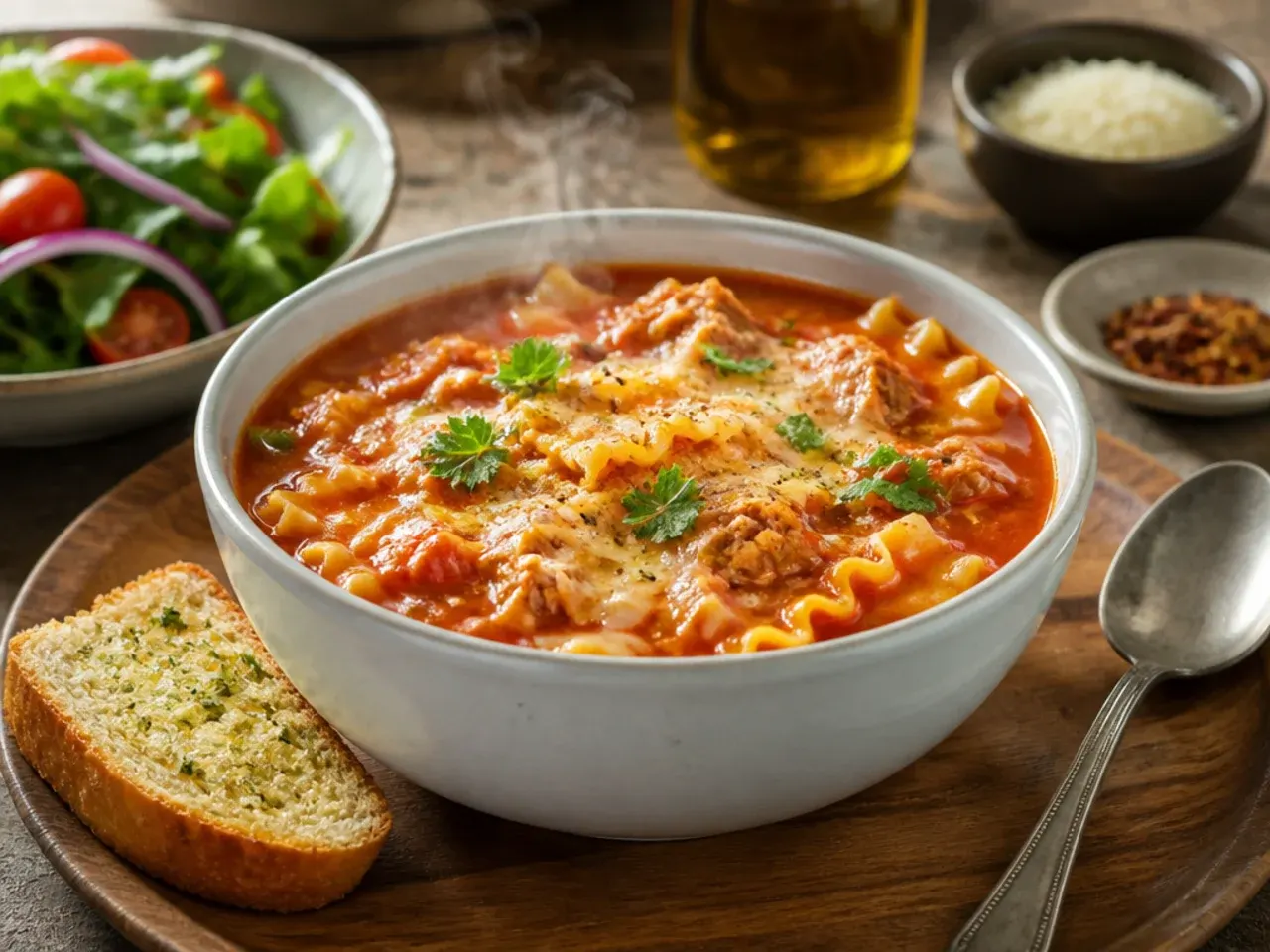 A table set with bowls of chicken lasagna soup, garlic bread, and a green salad.