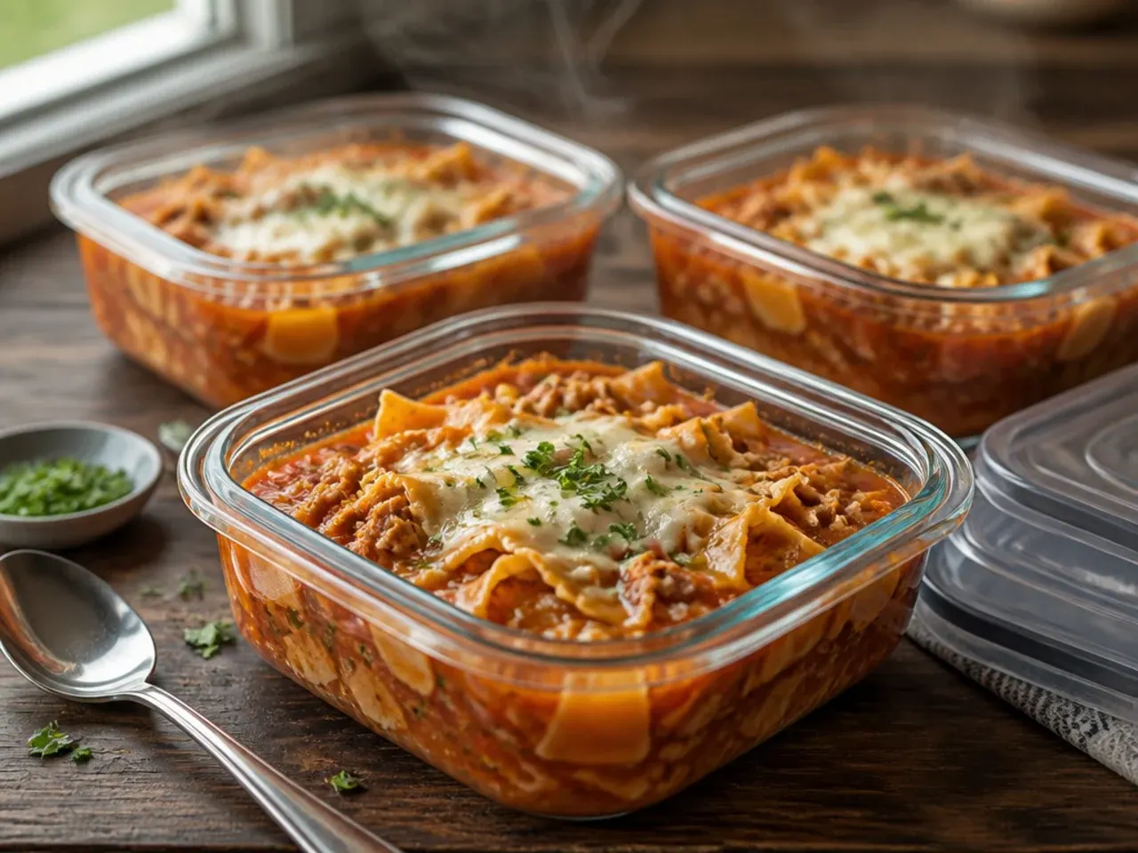 A glass container of leftover chicken lasagna soup being reheated in a pot on the stove.
