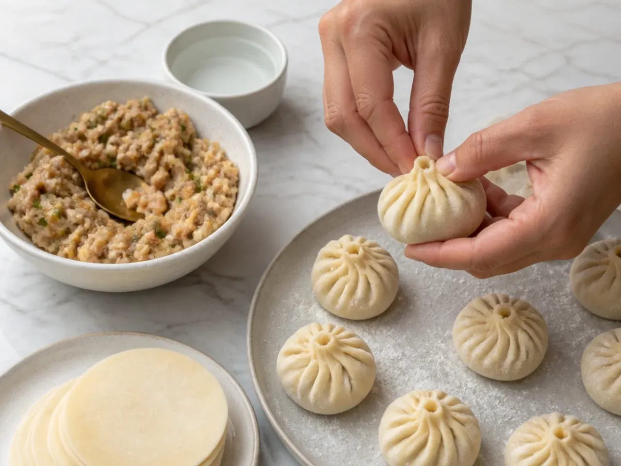 chicken momos recipe — step 5: fill and pleat