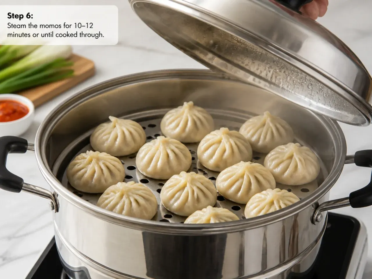 chicken momos recipe — step 6: steam the momos