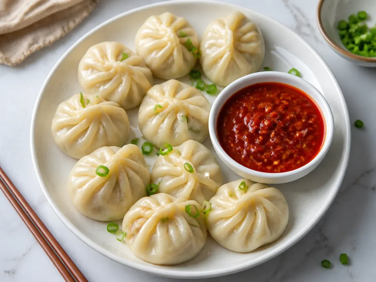 Plate of freshly steamed chicken momos with a bowl of spicy red dipping chutney