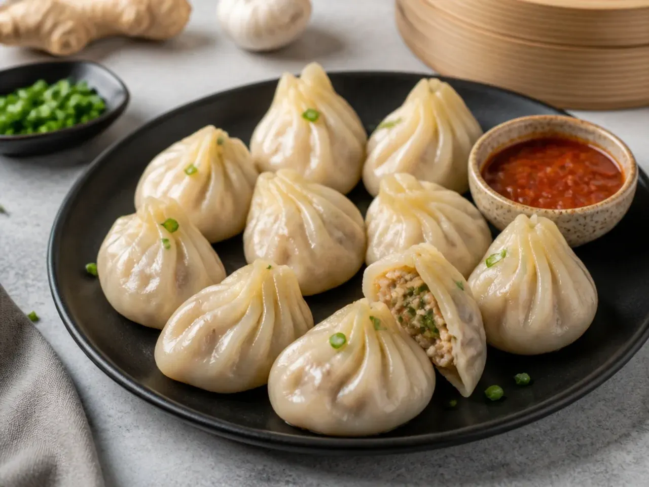 Classic steamed chicken momos with ginger and garlic filling on a dark plate