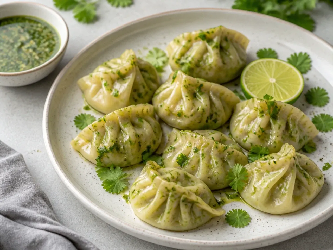 Elegant coriander-lime chicken momos garnished with fresh herbs and lime