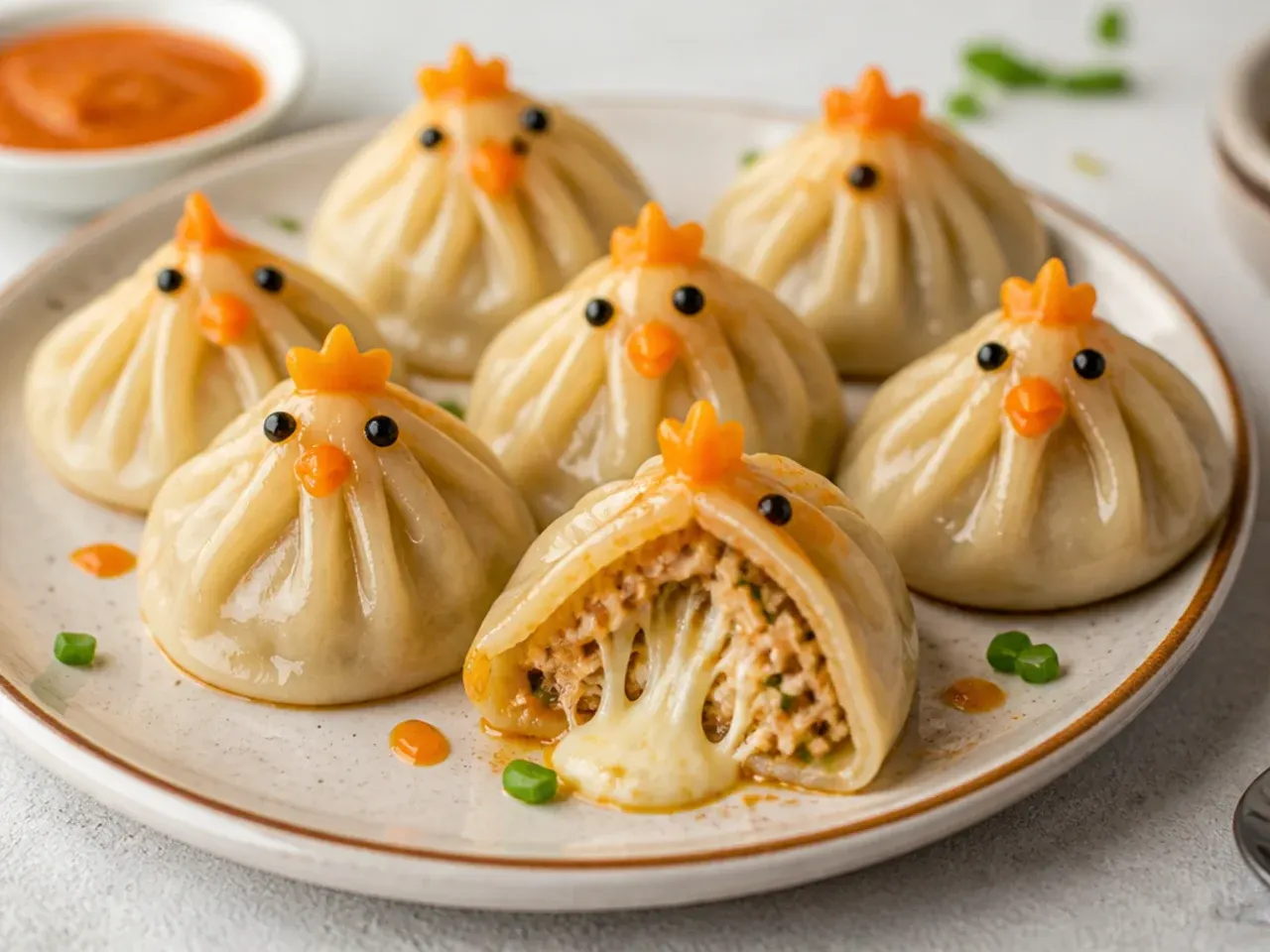 Playful chicken and cheese momos with melting mozzarella center