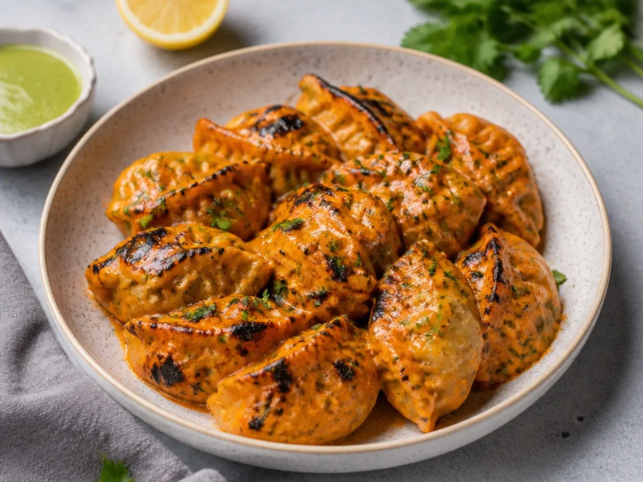 Modern tandoori chicken momos tossed in smoky yogurt masala and charred