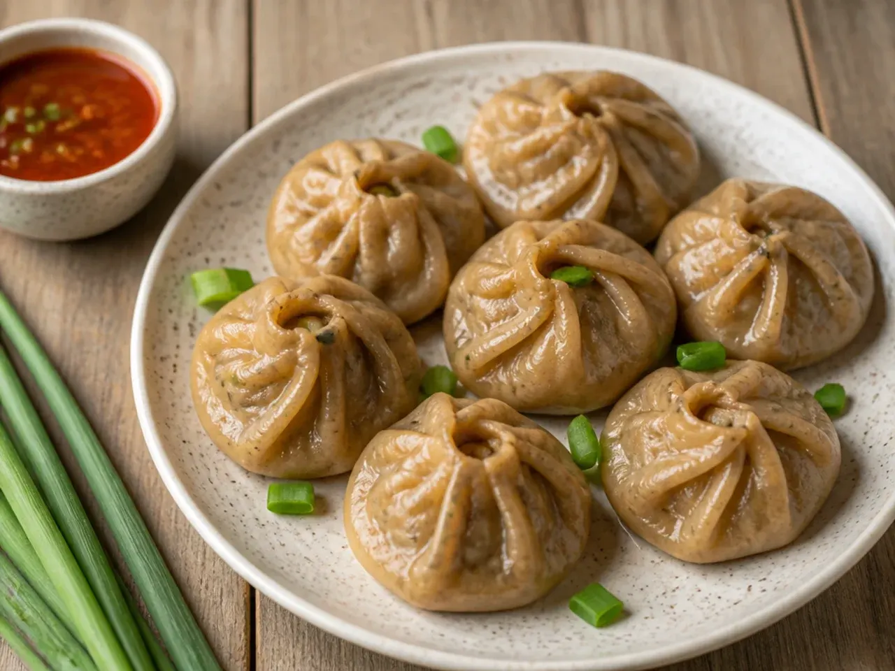 Rustic whole-wheat chicken momos with a nutty brown wrapper