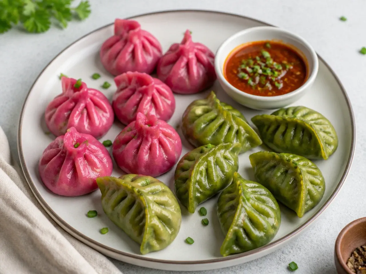 Colorful pink beetroot and green spinach chicken momos on one plate