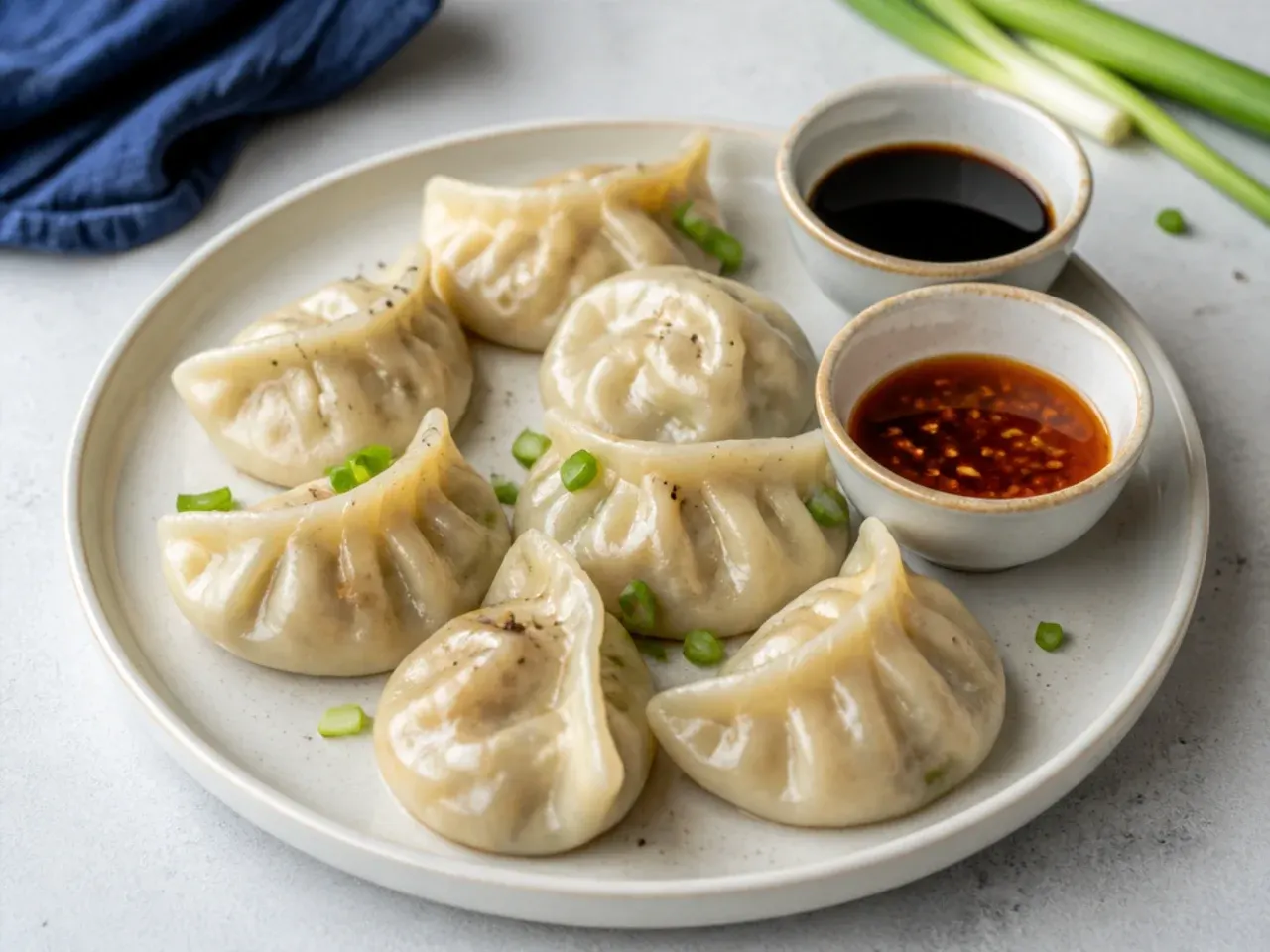 Minimal salt-and-pepper chicken momos served with soy and chili oil