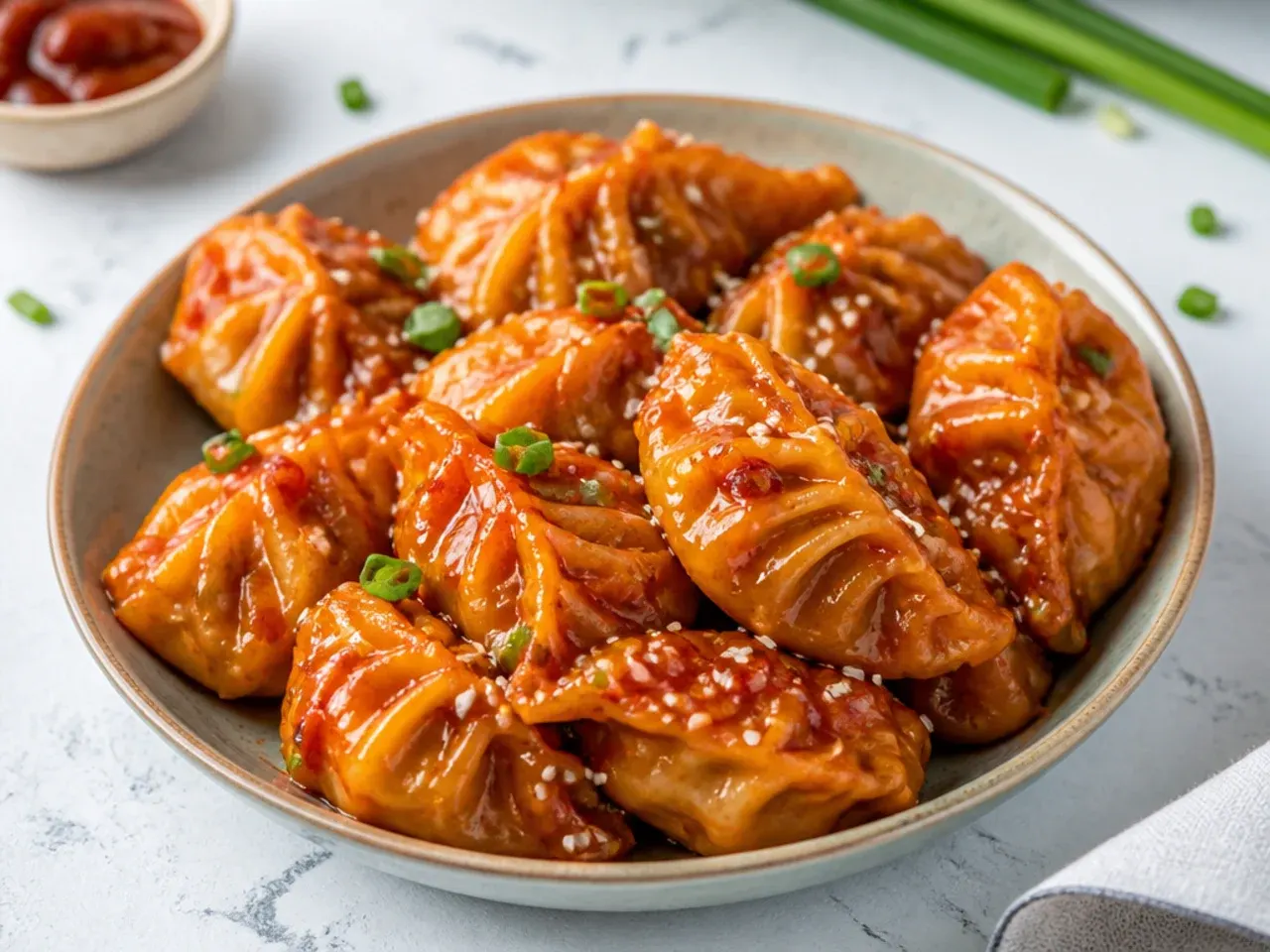 Festive chili-garlic chicken momos coated in glossy red sauce with sesame seeds