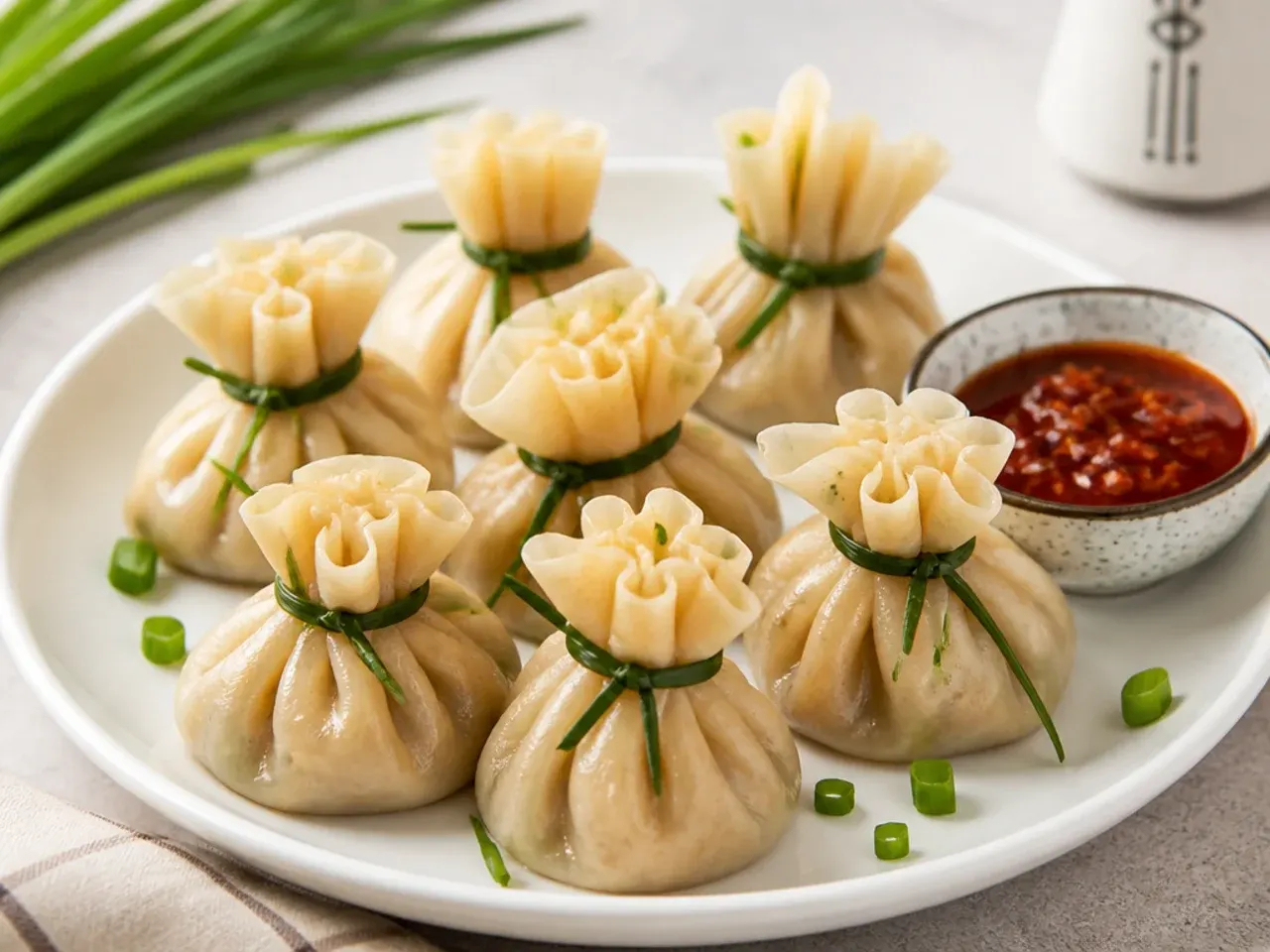 Whimsical money-bag potli chicken momos with twisted drawstring tops