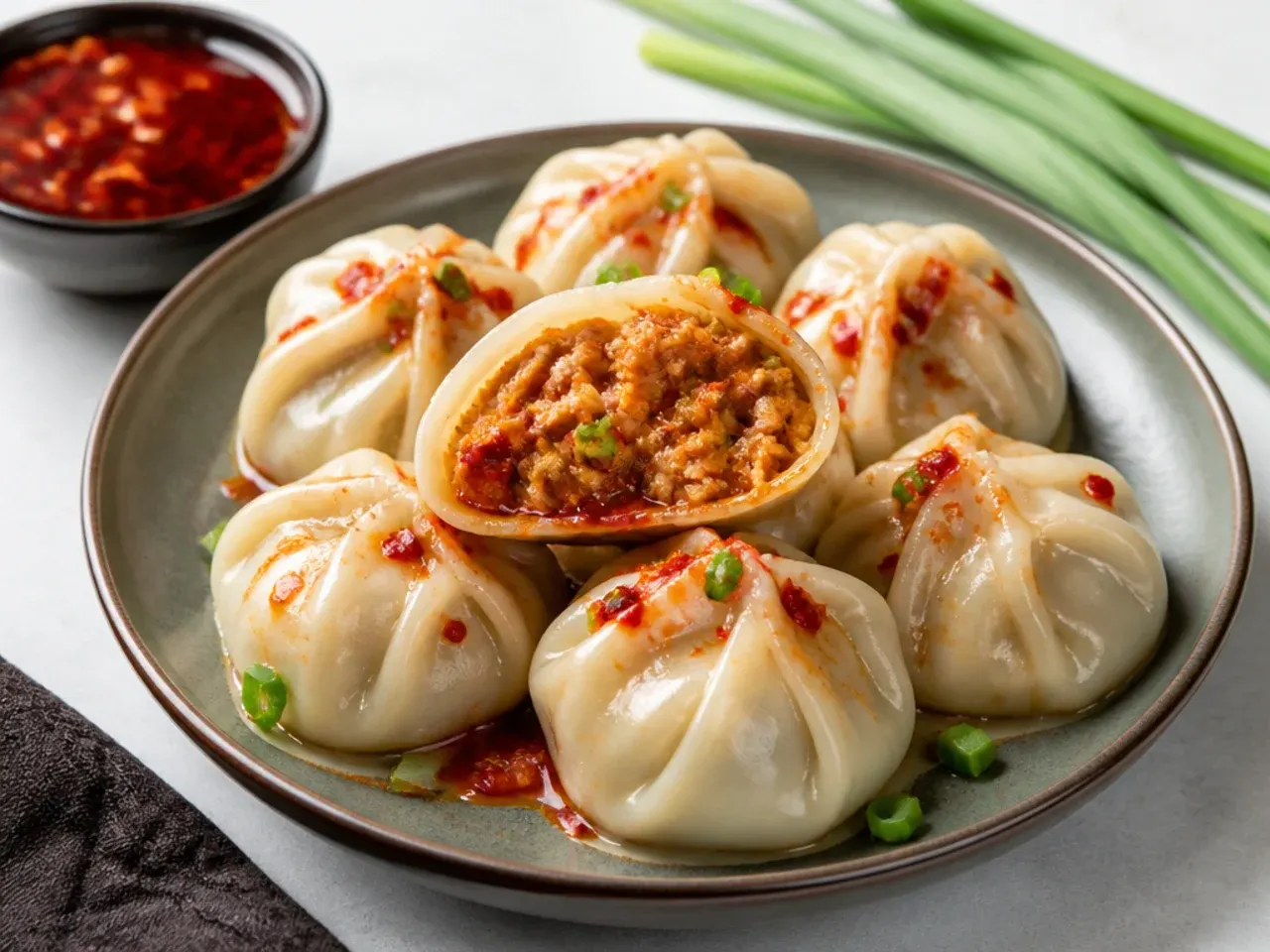 Bold schezwan chicken momos with spicy filling and chili flakes