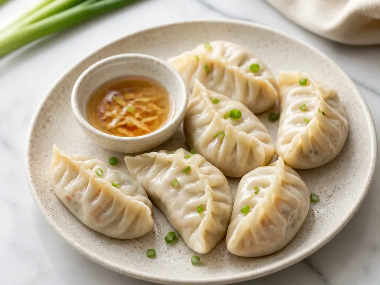 Delicate steamed chicken and prawn momos with a ginger-vinegar dip