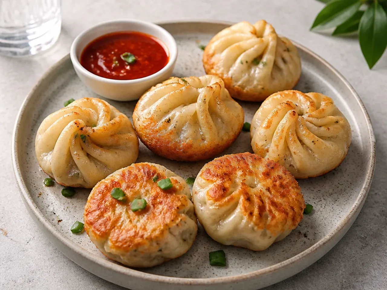 Vintage pan-fried kothey chicken momos with crisp golden bases