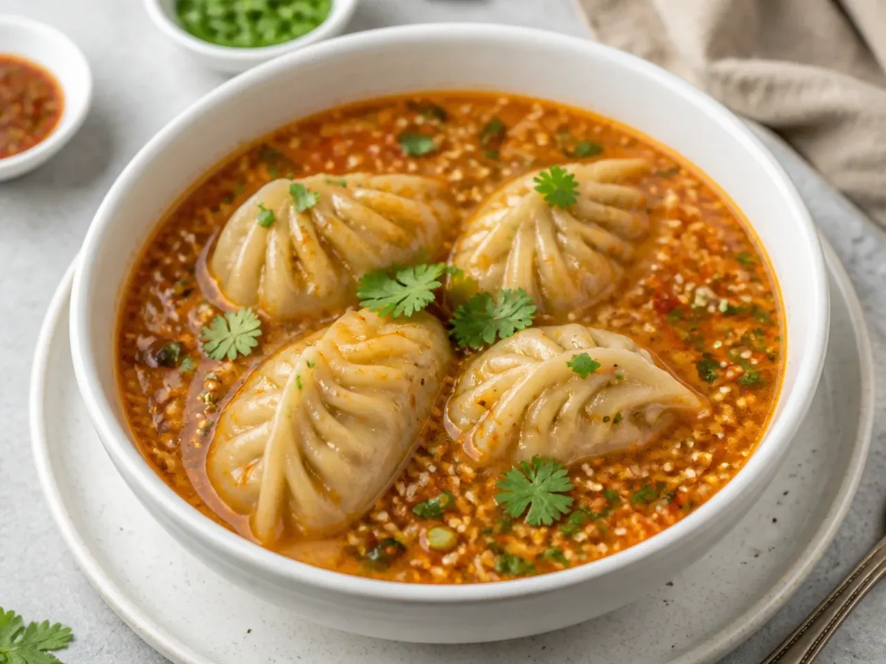 Creative jhol chicken momos served in spicy sesame-tomato soup broth