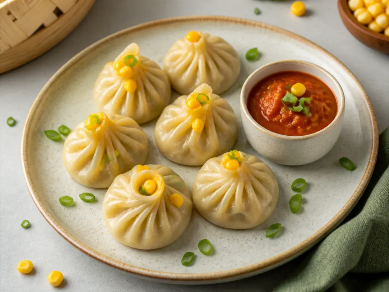 Charming chicken and sweetcorn momos with a mild tomato chutney