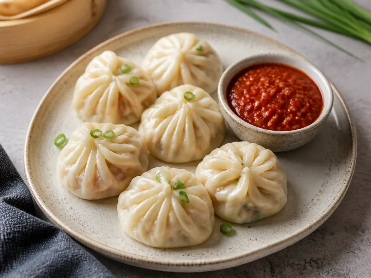 Classic chicken momos served with homemade spicy red tomato-chili chutney