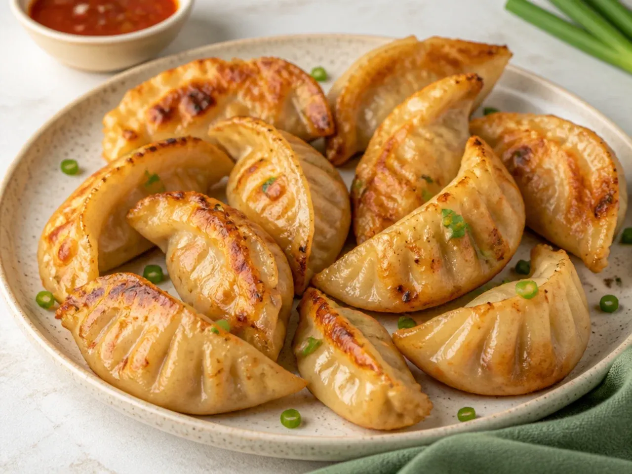 Easy air-fryer crispy chicken momos golden and blistered on a plate