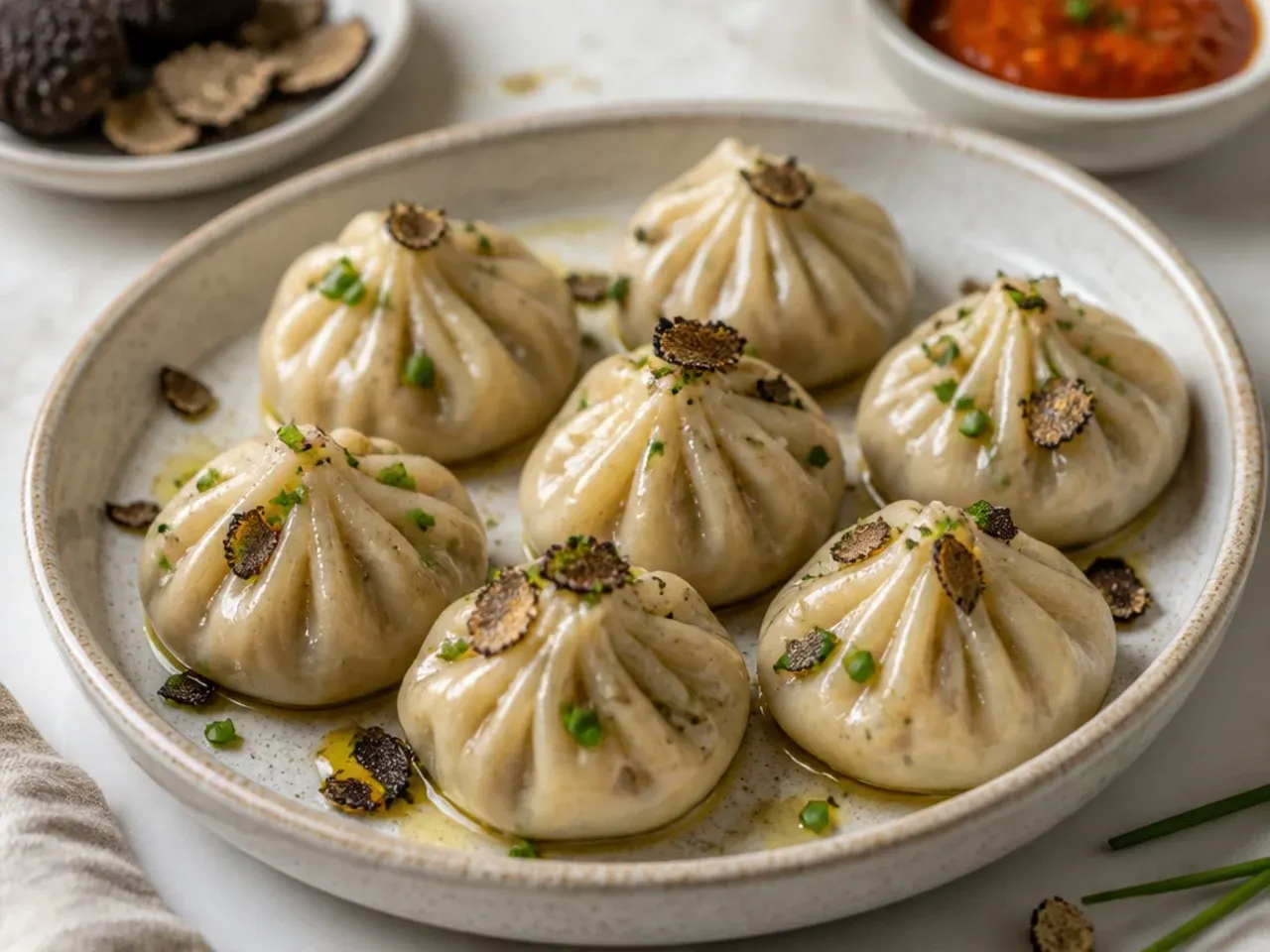 Elegant truffle and mushroom chicken momos drizzled with truffle oil