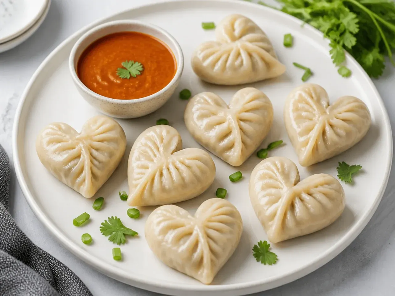 Playful heart-shaped chicken momos on a party platter