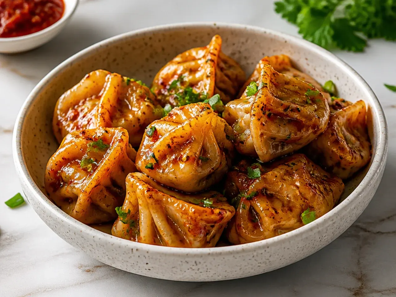 Modern peri-peri chicken momos tossed in smoky citrus sauce