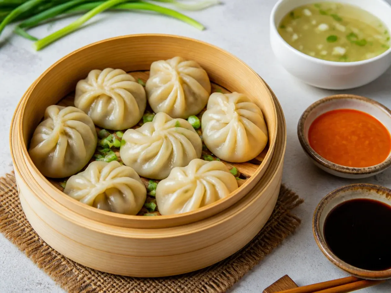 Chicken momos serving suggestions with chutney, soy sauce and soup
