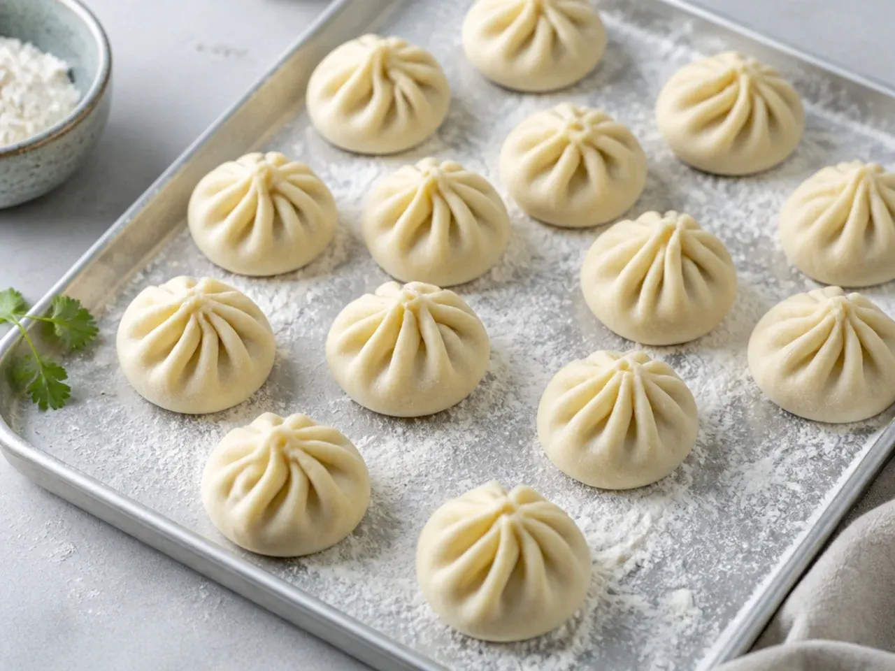 Uncooked chicken momos arranged on a floured tray ready to freeze