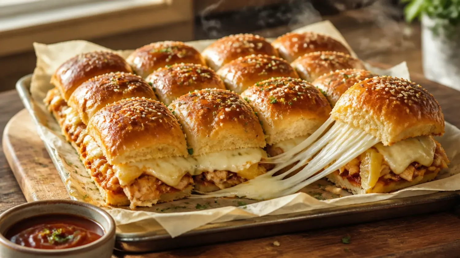 Overhead shot of golden baked chicken sliders on Hawaiian rolls in a baking dish, pulled apart to show melted cheese and shredded BBQ chicken.