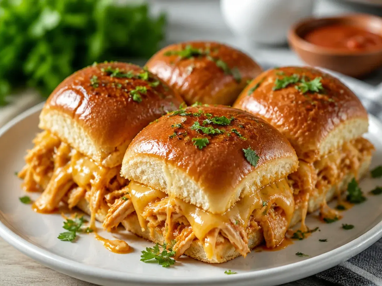Tray of golden chicken sliders on Hawaiian rolls fresh out of the oven with melted cheese visible at the edges.