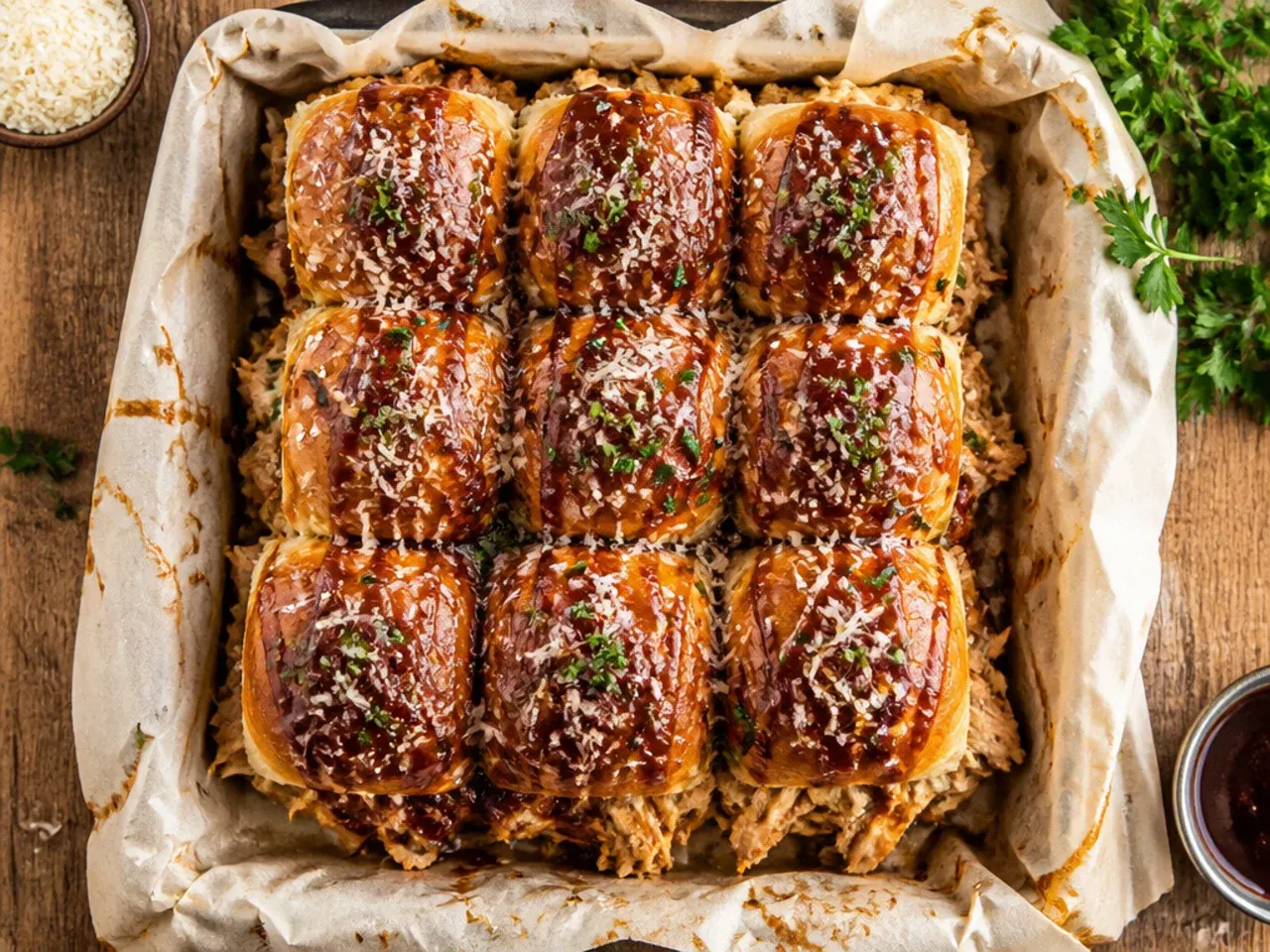 Close-up of classic BBQ chicken sliders on Hawaiian rolls with a glossy poppy seed butter glaze.