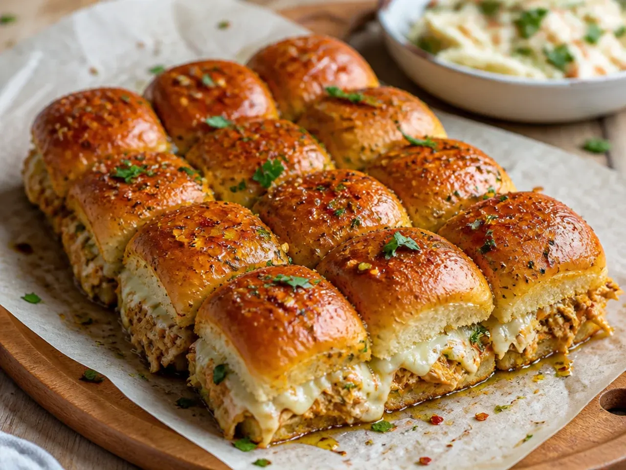 Simple weeknight chicken sliders on a baking sheet, sliced and ready to serve.