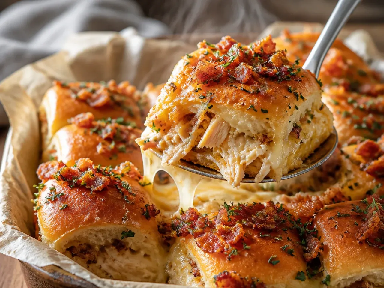 Hearty chicken and bacon sliders on Hawaiian rolls stacked high with visible bacon crumbles.