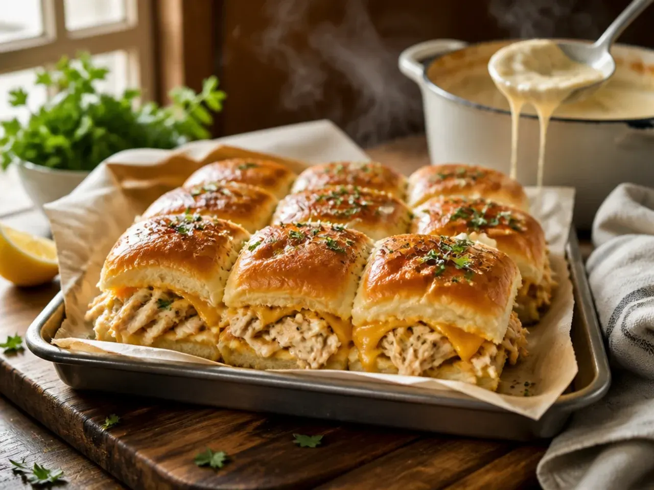 Creamy ranch chicken sliders on Hawaiian rolls with visible herb flecks in the filling.