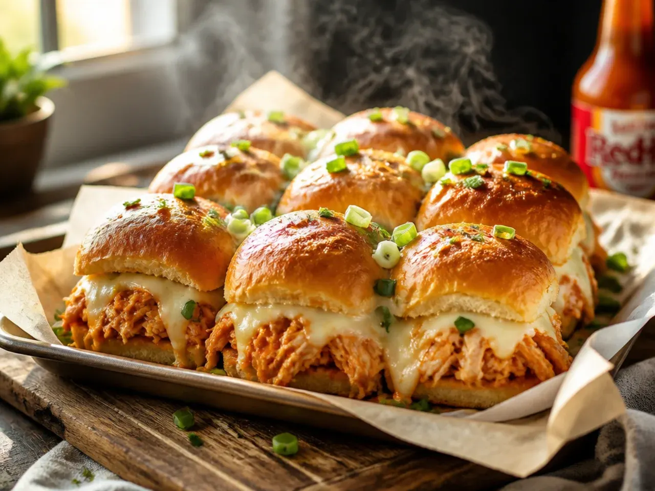 Creamy buffalo chicken sliders on Hawaiian rolls drizzled with ranch dressing and blue cheese crumbles.