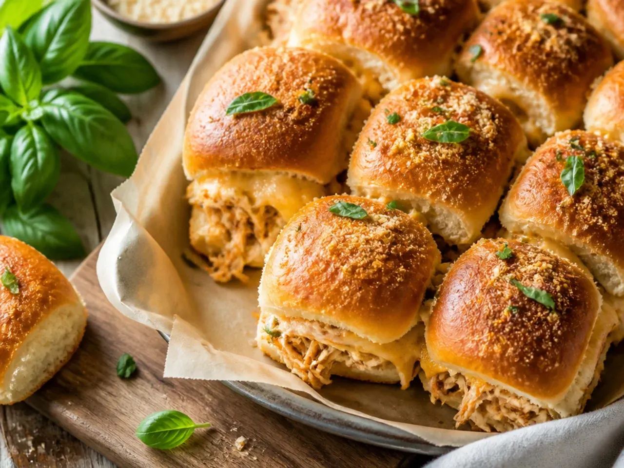 Simple three-ingredient chicken sliders on a plate, showing melted cheese and plain buttered tops.