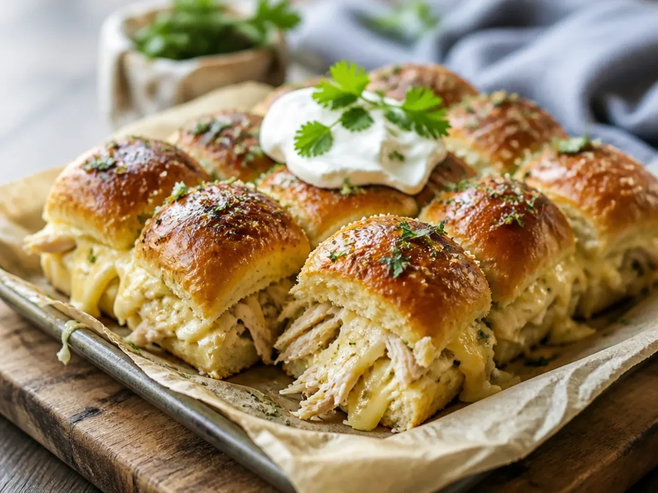 Cheesy garlic Parmesan chicken sliders with a golden, herb-flecked crust on Hawaiian rolls.