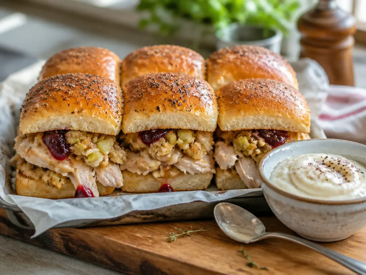 Chicken and stuffing sliders on Hawaiian rolls with a thin layer of cranberry sauce visible at the edge.
